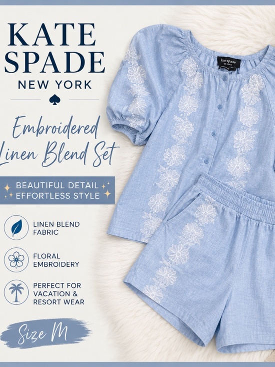 kate spade Pants - Kate Spade New York Linen Blend Embroidered Top & Shorts Set Blue White Floral
